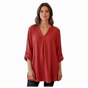 Soft Surroundings Marley Gauze Tunic Top Womens L Rusty Coral Cotton Relaxed Fit